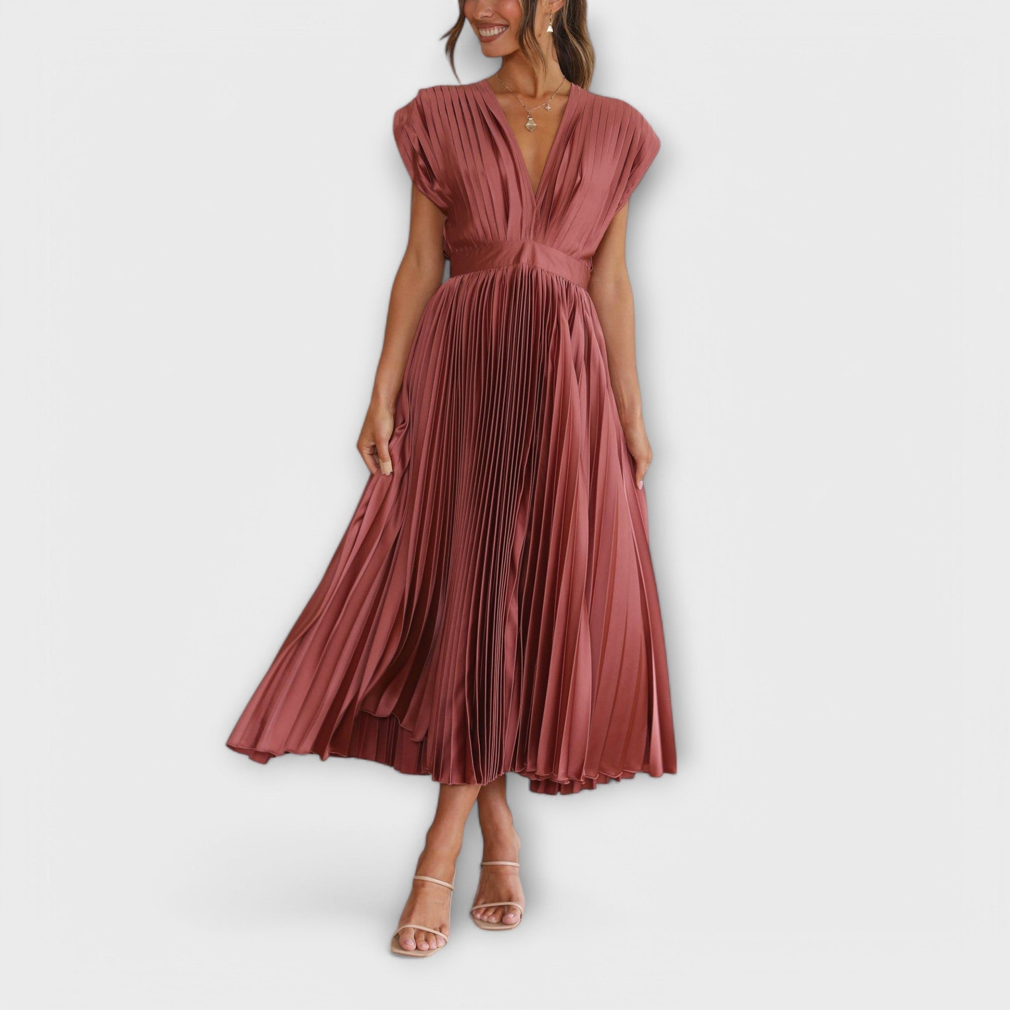 Celestine – Pleated Midi Dress with V-Neck
